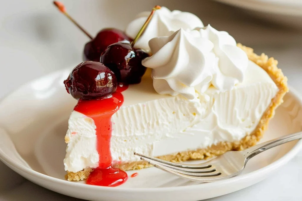 Slice of creamy Philadelphia no-bake cheesecake on a graham cracker crust, topped with whipped cream, cherries, and a drizzle of cherry sauce.