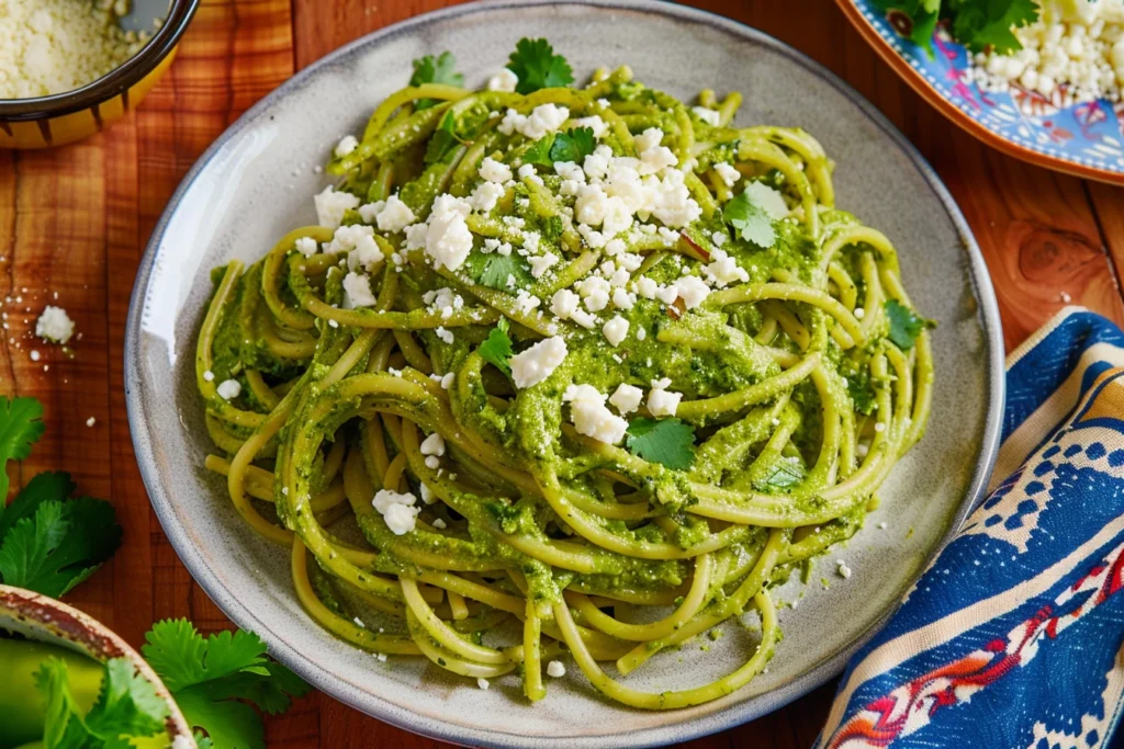 Plate of green spaghetti coated in creamy cilantro sauce, topped with crumbled cheese and fresh cilantro leaves, with a colorful napkin and ingredients in the background.