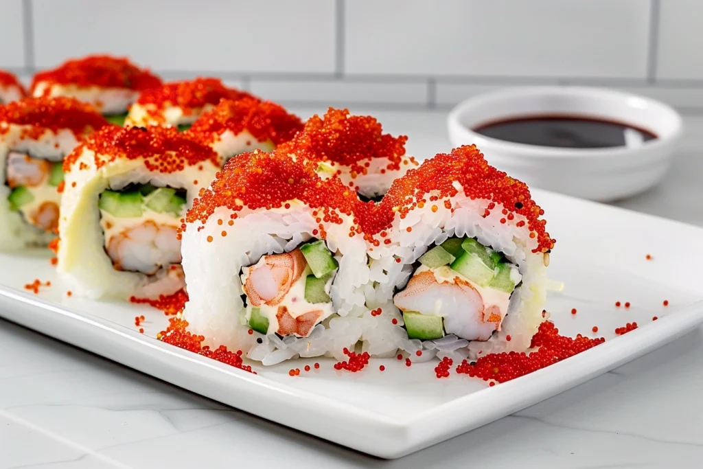 Close-up of Boston roll sushi pieces filled with shrimp, cucumber, and avocado, topped with vibrant red tobiko, served on a white plate with soy sauce on the side.