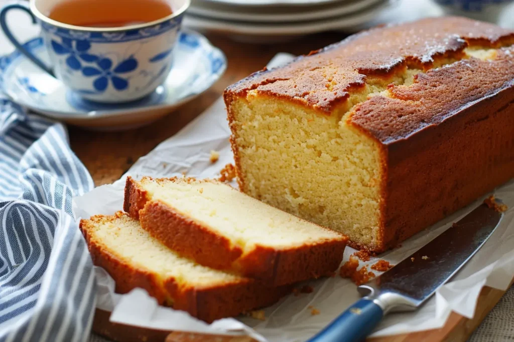 Sliced butter cake with a golden crust and moist, tender interior, placed on parchment paper with a cup of tea in the background.