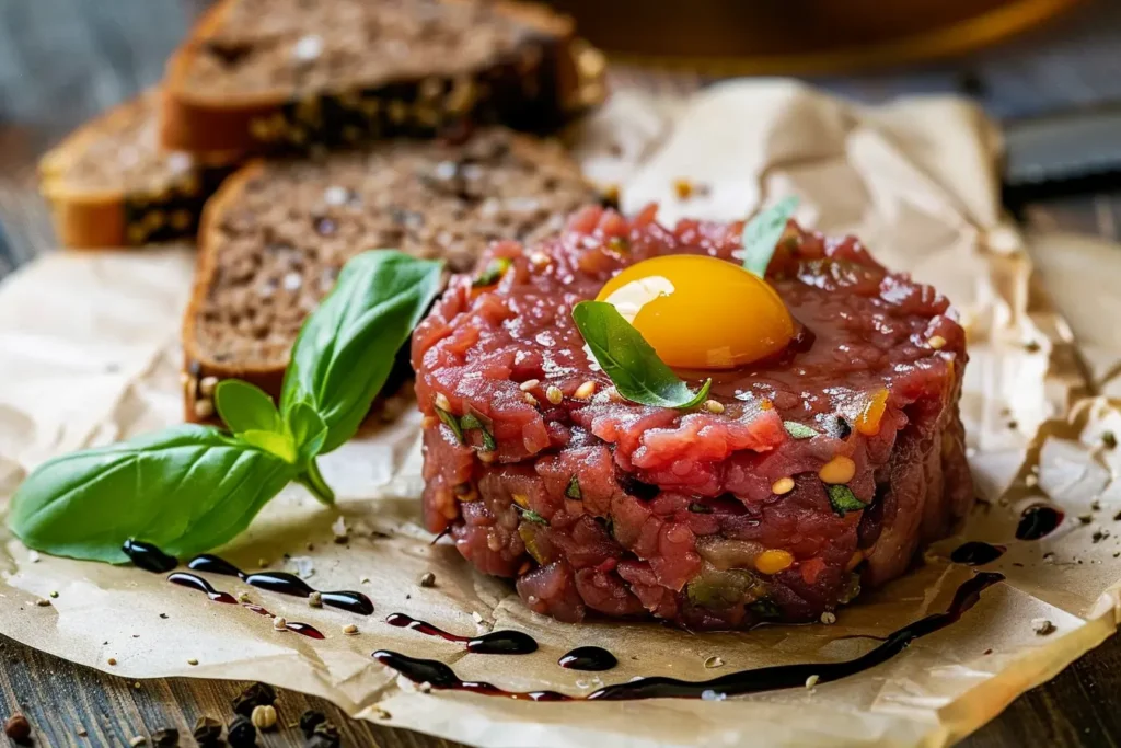 Beef tartare topped with a raw egg yolk and garnished with fresh basil leaves, served on parchment paper with slices of seeded bread in the background and a drizzle of balsamic reduction.