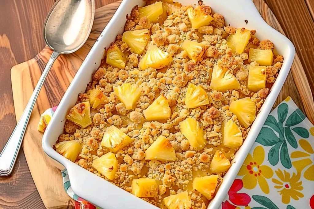 Baked pineapple casserole with a golden crumb topping and chunks of pineapple, served in a white baking dish on a wooden surface.