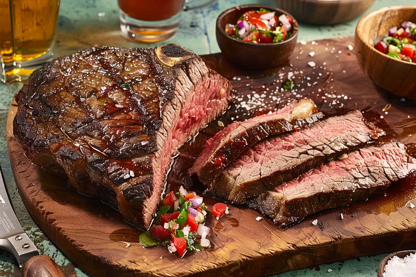 Juicy picanha steak with a charred crust, sliced to reveal a medium-rare center, served on a wooden board with coarse salt and fresh salsa on the side.