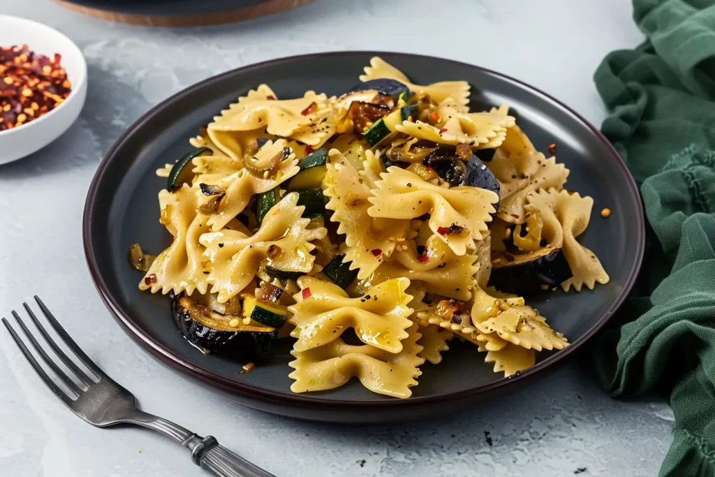 Plate of farfalle pasta tossed with sautéed zucchini, mushrooms, and red pepper flakes, served on a dark plate with a fork on the side and a green cloth in the background.