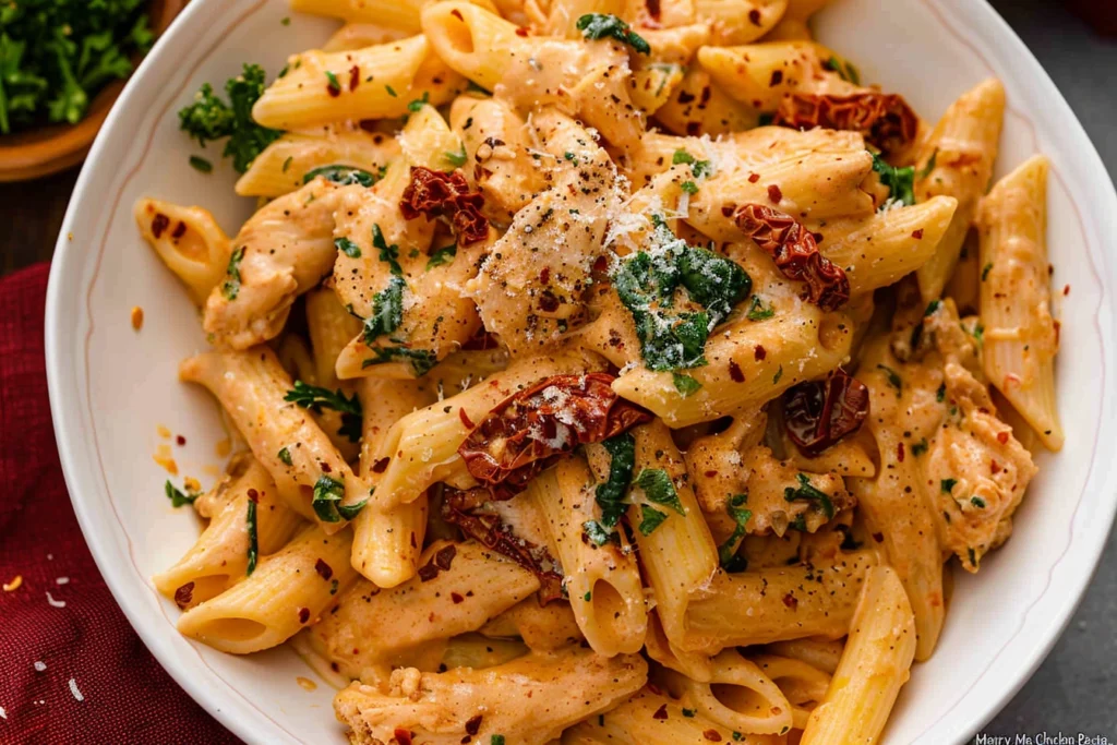 Bowl of Marry Me Chicken pasta featuring penne tossed in a creamy sauce with tender chicken, sun-dried tomatoes, spinach, and garnished with Parmesan and red pepper flakes.