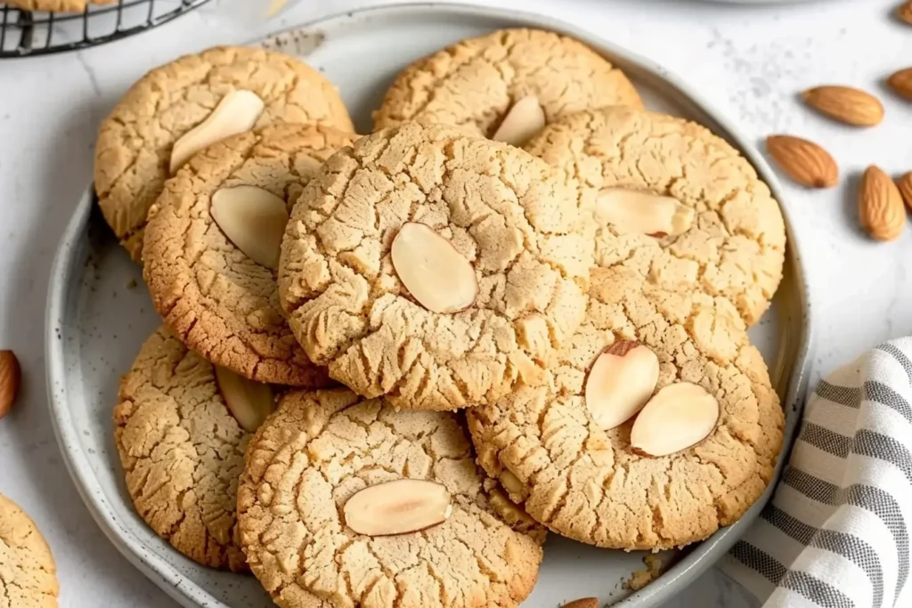 Plate of almond cookies topped with sliced almonds, showcasing a golden-brown, cracked texture.