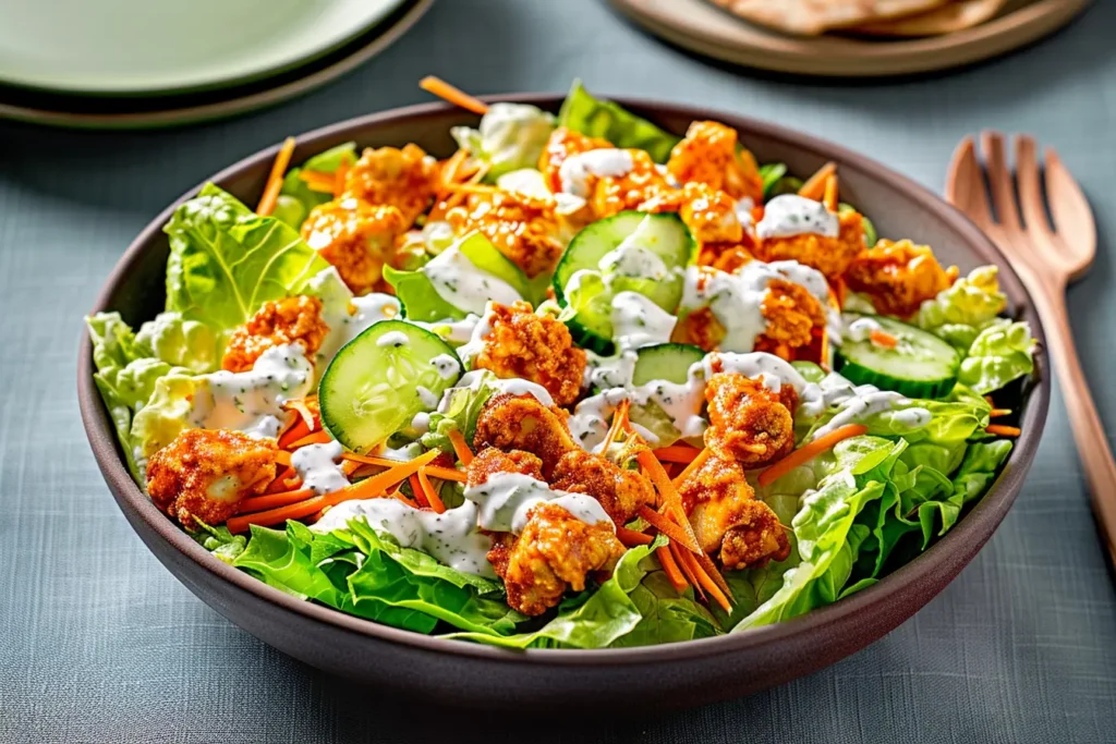 Bowl of buffalo chicken salad featuring crispy buffalo chicken bites, fresh lettuce, sliced cucumber, shredded carrots, and a drizzle of ranch dressing.