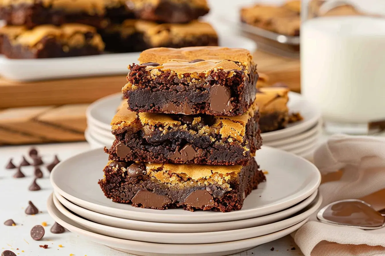 Stack of rich, chocolatey brookies with layers of brownie and chocolate chip cookie, arranged on a white plate with chocolate chips scattered around and a glass of milk in the background.