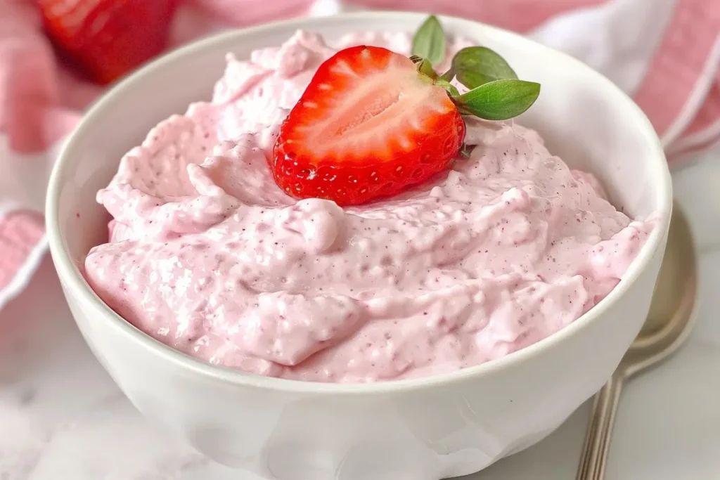 Creamy strawberry cream cheese dip topped with a fresh strawberry slice in a white bowl.