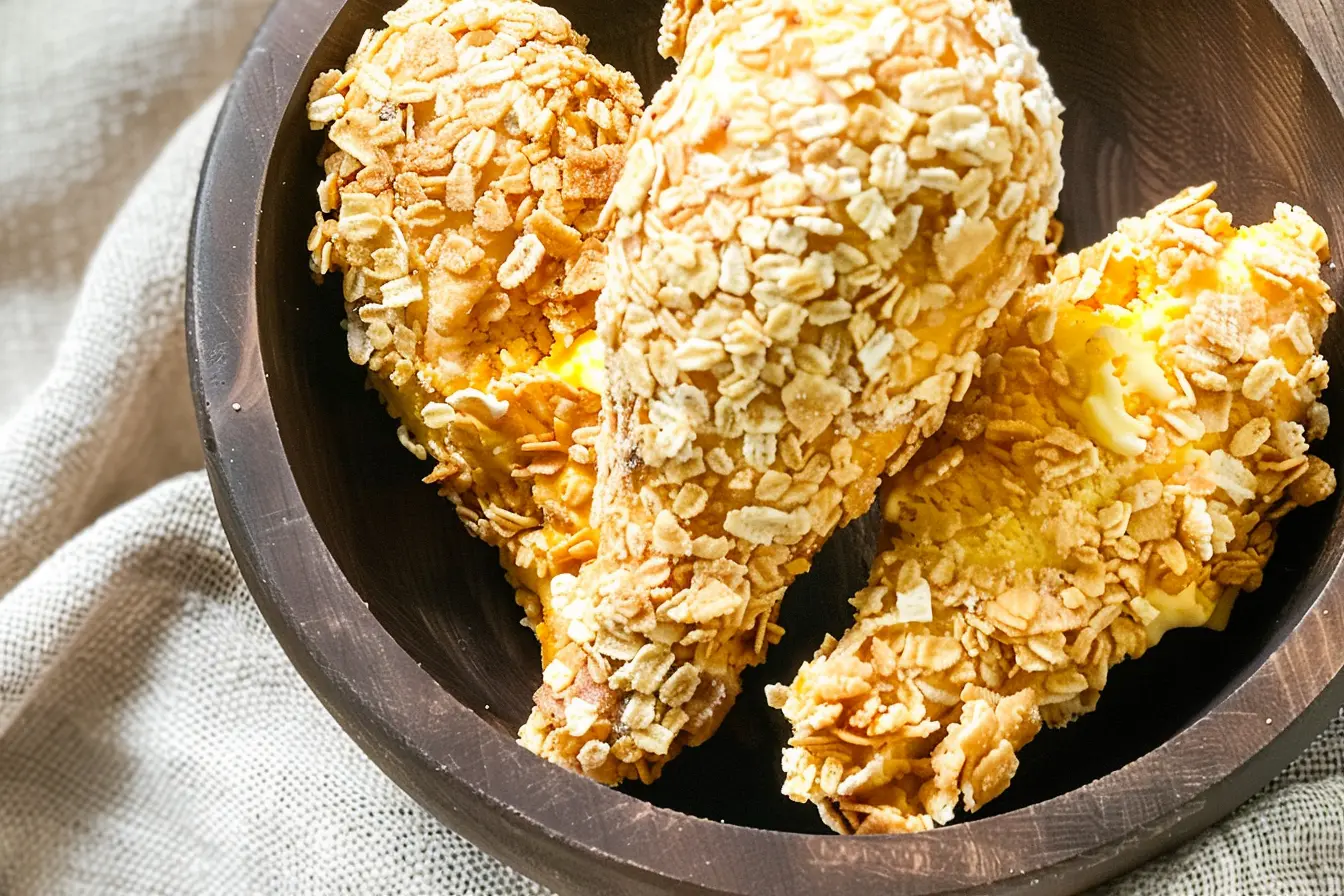 Close-up of fried chicken-shaped ice cream coated in a crunchy cereal crust, resembling crispy fried chicken pieces in a dark bowl.