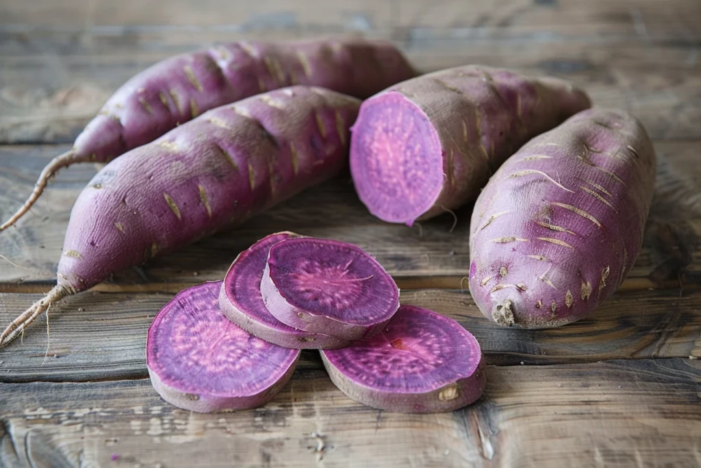 Whole and sliced purple sweet potatoes on a rustic wooden surface, displaying vibrant purple flesh and textured skin.