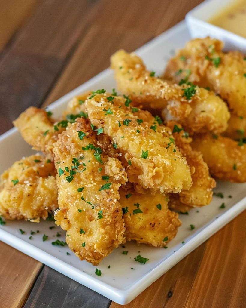 Crispy chicken tempura pieces garnished with chopped parsley on a white rectangular plate, with a dipping sauce in the background.