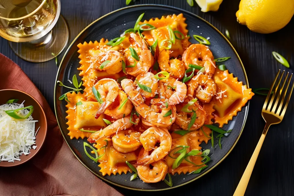 Plate of lobster ravioli topped with shrimp and garnished with sliced green onions and grated Parmesan, served with a creamy tomato sauce. A glass of white wine, lemon, and grated cheese are in the background.