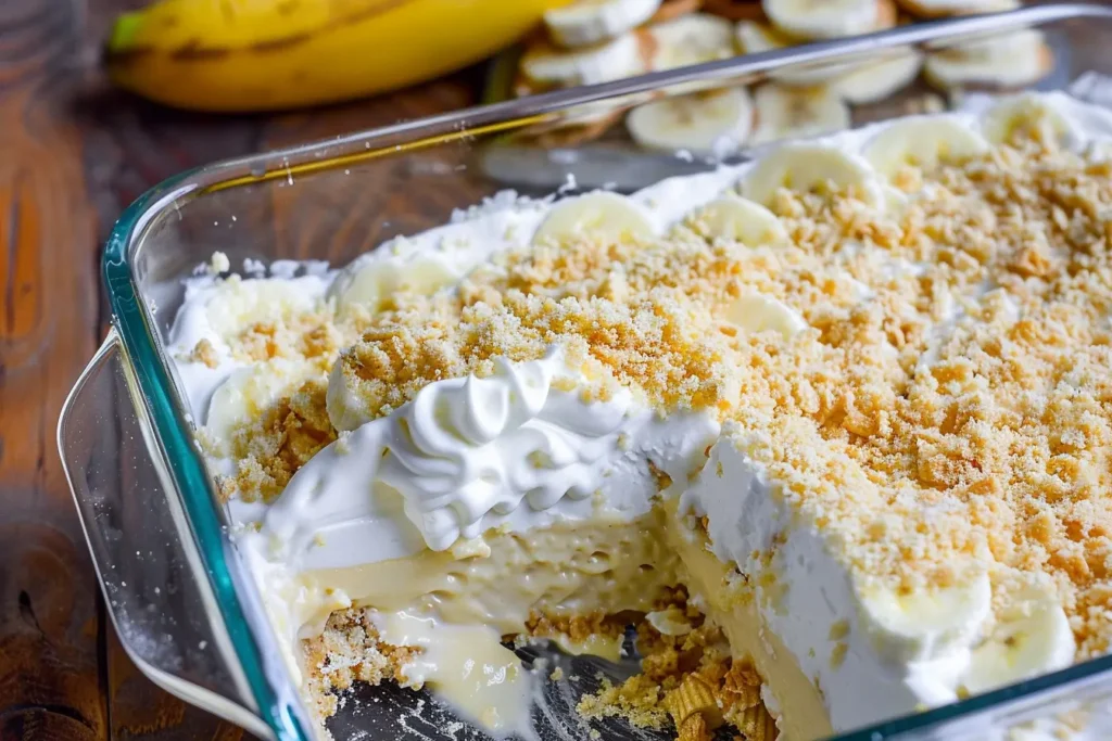 Glass dish of easy banana pudding layered with creamy custard, fresh banana slices, whipped topping, and crushed cookie crumbs.