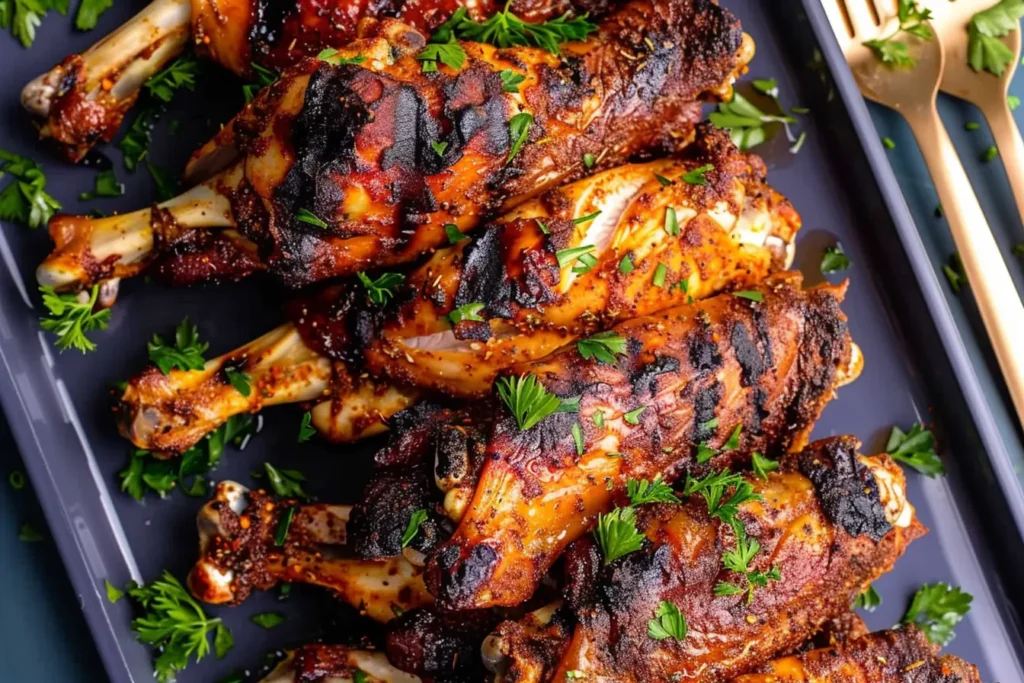 Close-up of grilled turkey wings with a charred, smoky glaze, garnished with fresh parsley on a dark serving tray.