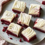 Red velvet brownies topped with swirled cream cheese frosting, arranged on a gray plate with red crumbs scattered around and a pink cloth draped to the side.