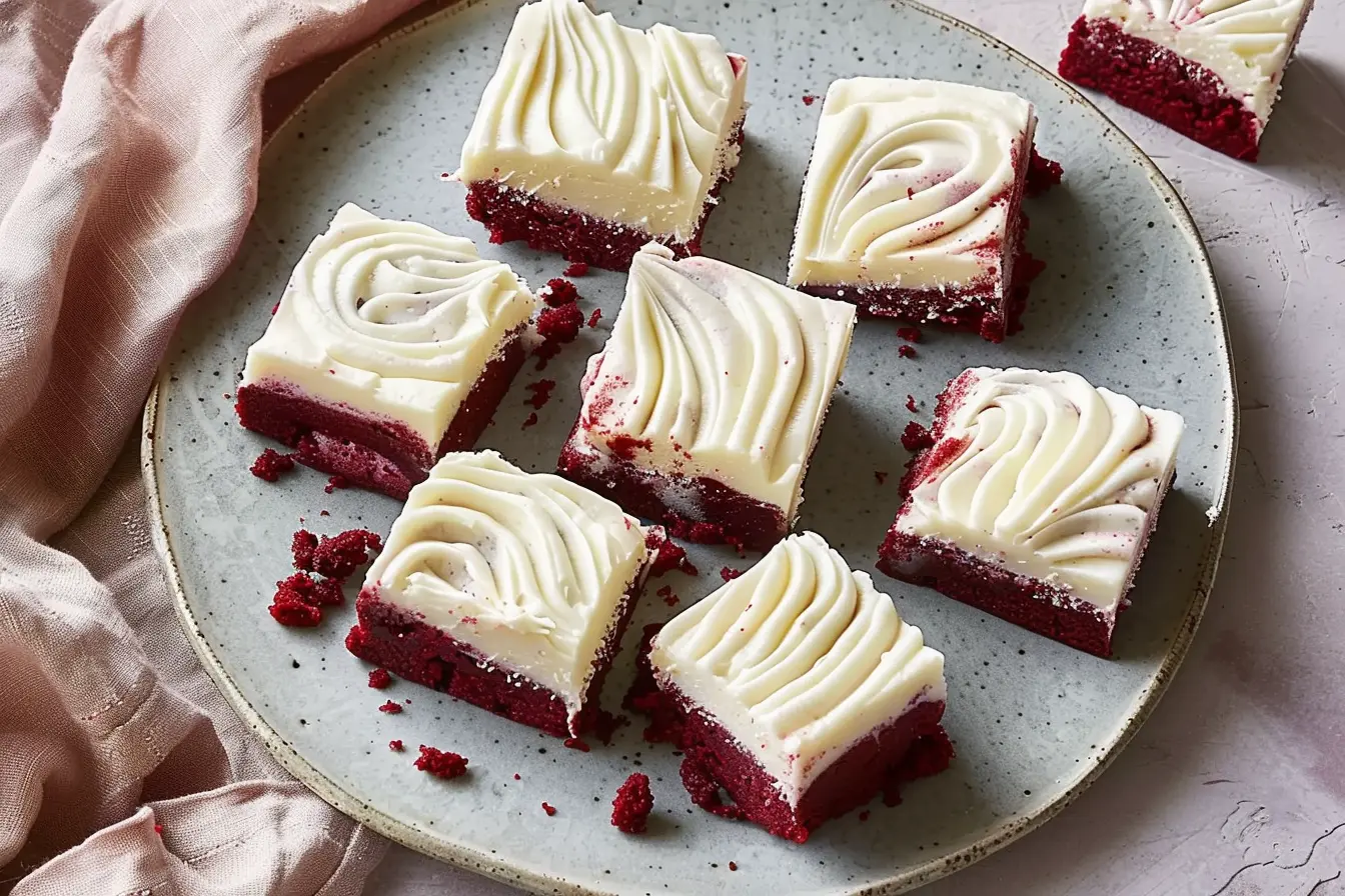 Red velvet brownies topped with swirled cream cheese frosting, arranged on a gray plate with red crumbs scattered around and a pink cloth draped to the side.