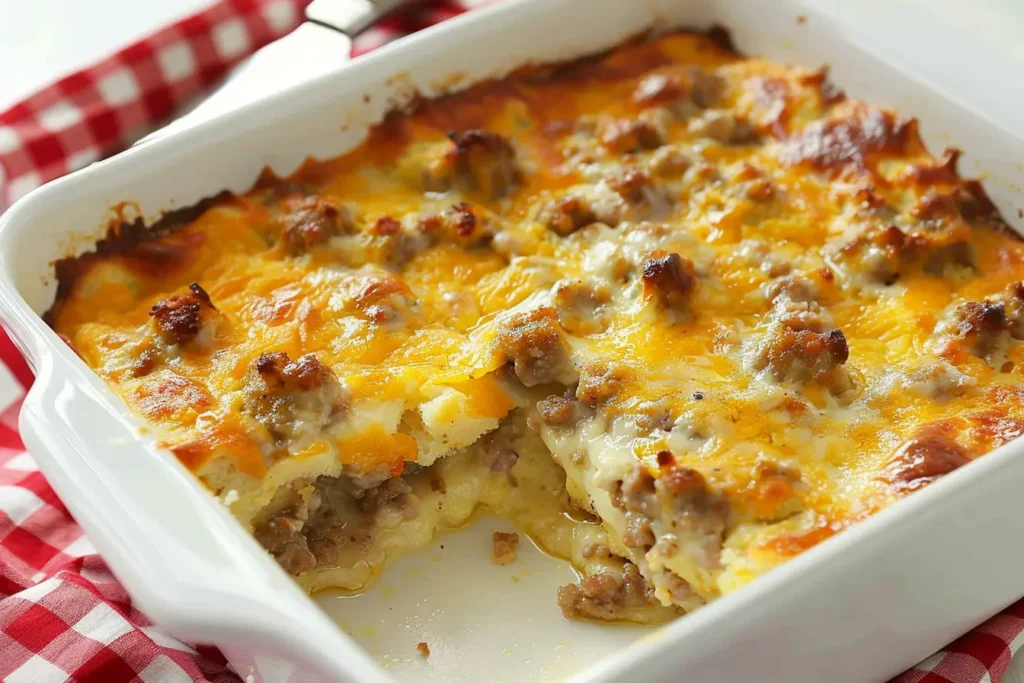 Cheesy breakfast casserole with biscuits, sausage, and eggs in a white baking dish, with a golden, melted cheese topping.